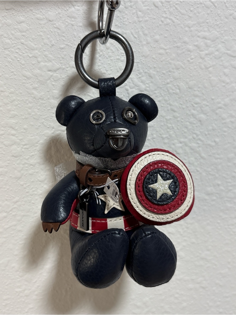 Coach Marvel Captain America Bear Leather Bag Charm Keychain Fob 2752 NEW
